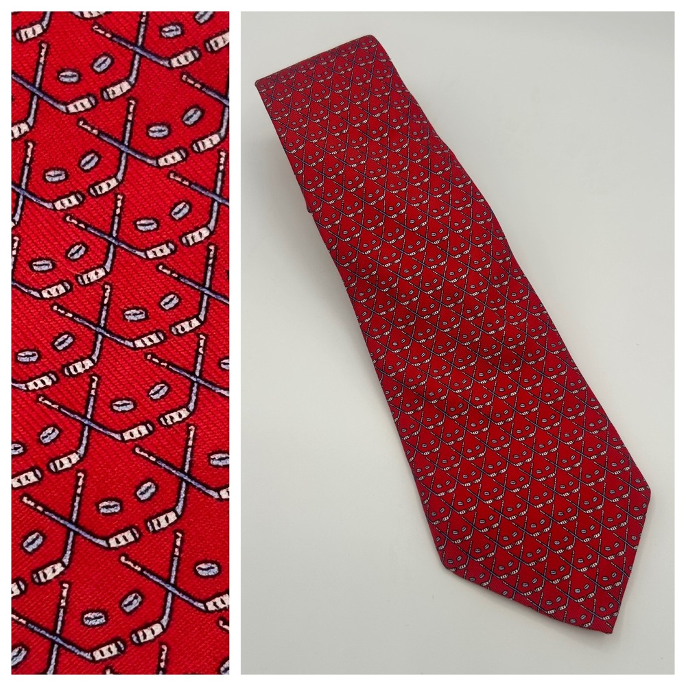 Vineyard Vines Mens Red Silk Hockey Stick Novelty Sports Necktie Made in USA
